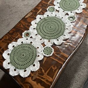 Handmade Olive and White Crochet Table Runner